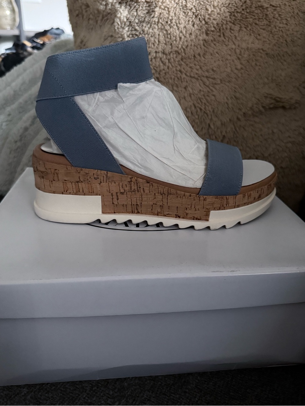 Steve Madden Slate Blue Elastic Cork Wedge Sandal